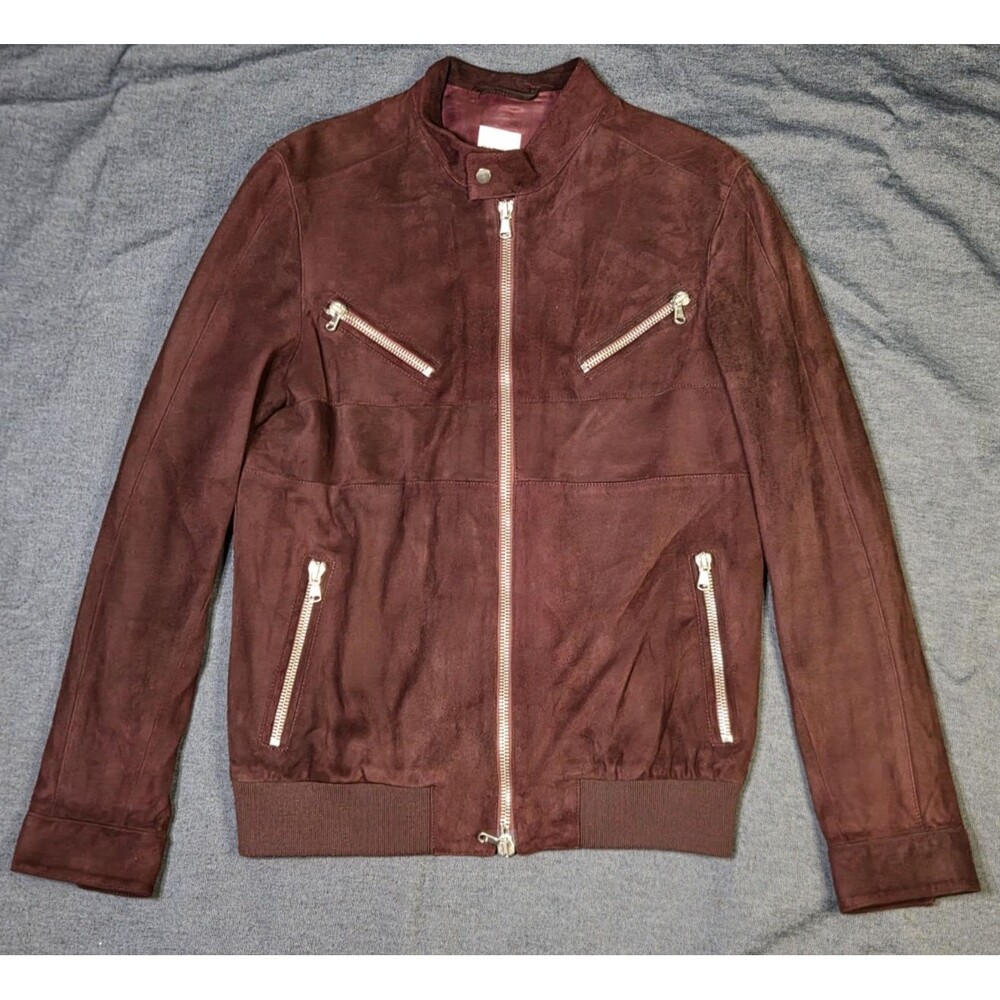 Men's Eidos Isaia Napoli Leather Suede Jacket Size 40R Bomber Maroon Red IT 50